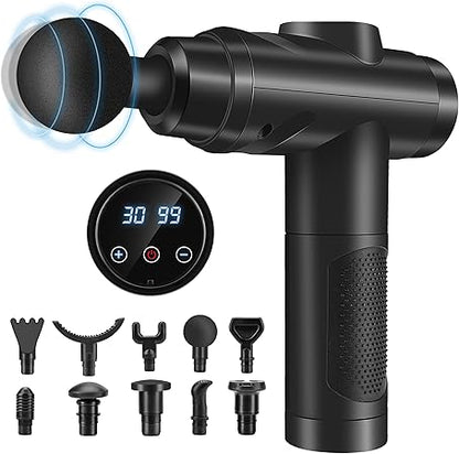 Massage Gun, Muscle Percussion Massager with 30 Speeds, Quiet Handheld Massage Device with LCD Touchscreen and 10 Heads for Shoulder, Body, and Back Relaxation