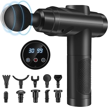 Massage Gun, Muscle Percussion Massager with 30 Speeds, Quiet Handheld Massage Device with LCD Touchscreen and 10 Heads for Shoulder, Body, and Back Relaxation